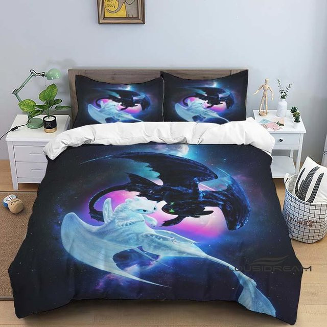 Drachenzähmen leicht gemacht 3-teiliges Bettwäsche-Set mit Cartoon-Print in Blau, bestehend aus einem Bettbezug und zwei Kissenbezügen, Breite: 240 cm, Höhe: 220 cm - Bild 1