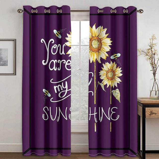 Dekorative 3D Vorhänge mit Sonnenblumen-Motiv in Lila, 2er-Set aus Polyester, Breite: 50 cm, Höhe: 130 cm - Bild 1