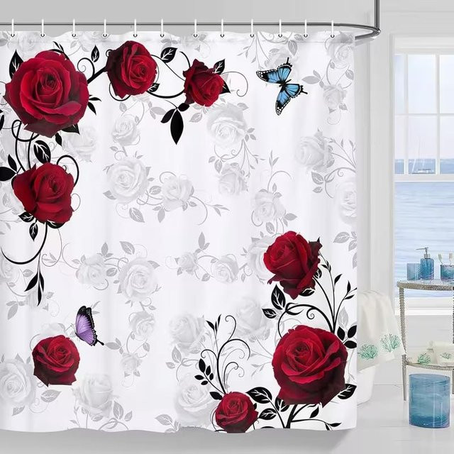 VIKAMA Wasserdichter Duschvorhang mit Rosen- und Schmetterlingsmuster in Weiß, B/H: 120 x 180 cm - Bild 1