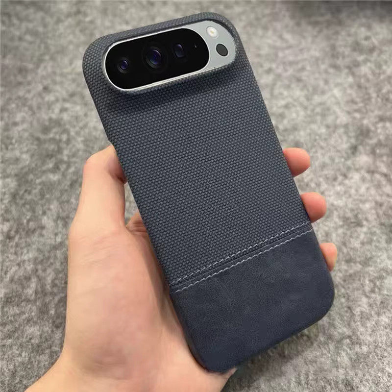 Retro Splice Armor Leder Schutzhülle für Google Pixel 10 9 8 Pro XL 8A stoßfest mit mattem Stoff Design in Blau und Grau - Bild 1