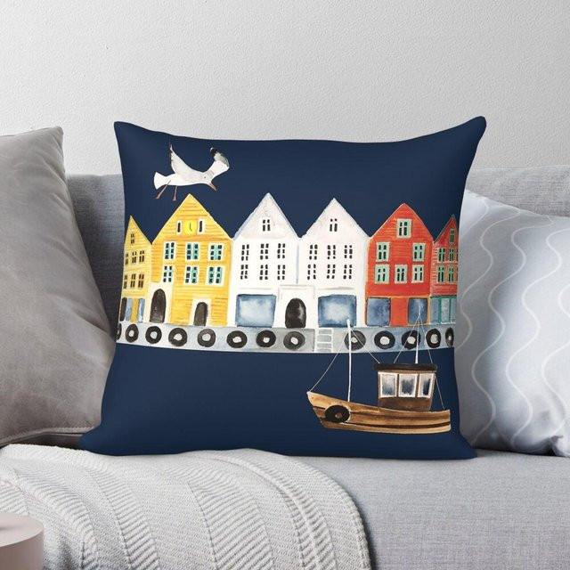 Quadratische Kissenhülle Bergen Norwegen Aquarell von Intimates Line Clothing, Blau, B/T/H: 50 x 50 x 0 cm - Bild 1
