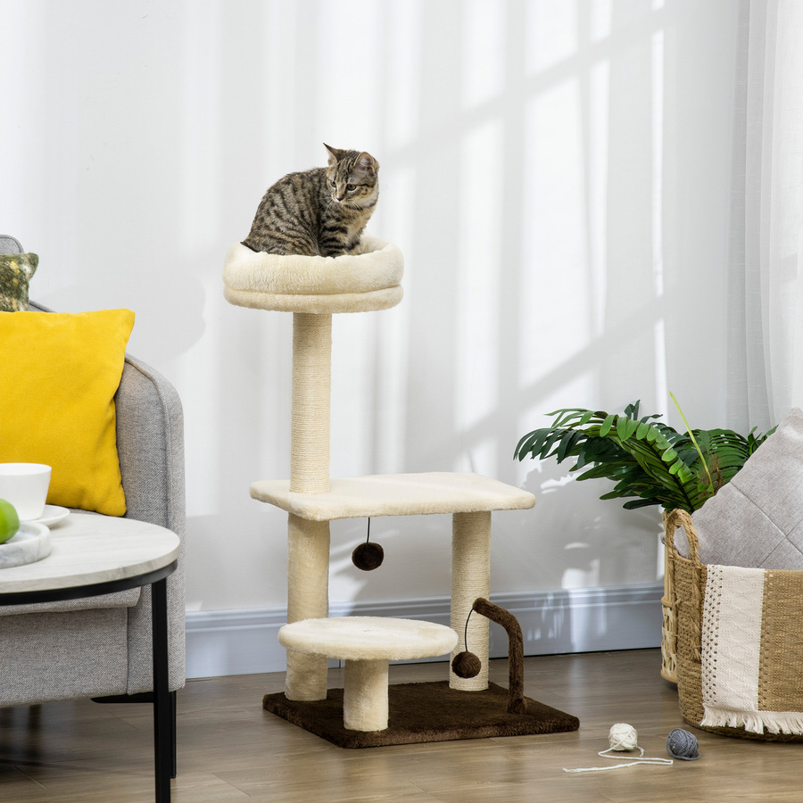 PawHut Kratzbaum für Katzen in Beige mit Sisalpfosten, Liegefläche und integriertem Spielzeug, B/T/H: 44 x 38 x 74 cm - Bild 2