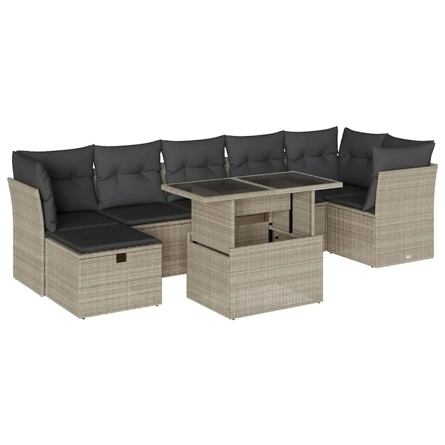 vidaXL 8-tlg. Garten-Sofagarnitur in L-Form mit Kissen und Couchtisch, Hellgrau, Poly-Rattan und Metallrahmen - Bild 2