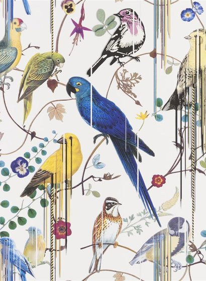 Christian Lacroix Tapete Sinfonia Perce neige mit Vogelmotiv in Weiß Blau Gelb aus Vlies - Bild 1