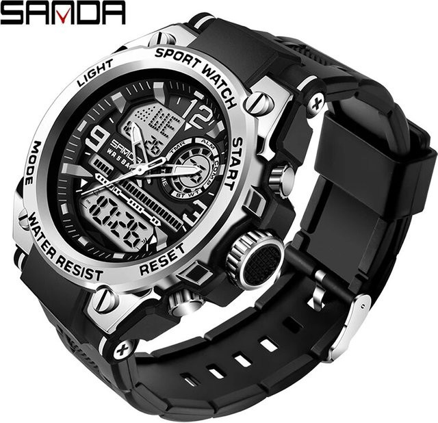 SANDA Armbanduhr, Quarzuhr, Edelstahl, Schwarz, Silber, Herren, 5 ATM - Bild 1