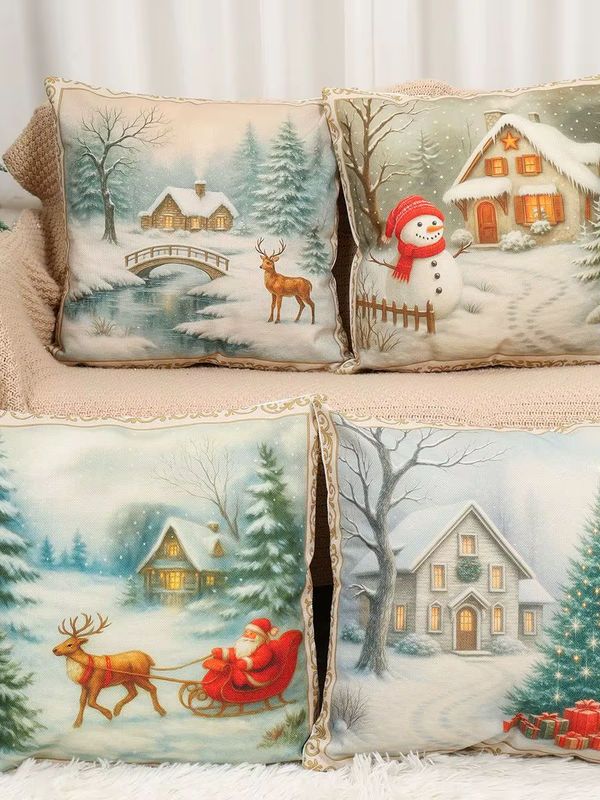 4er-Set PATIMATE Leinen Kissenbezüge mit Frohe Weihnachten Design für deine Dekoration - Bild 2
