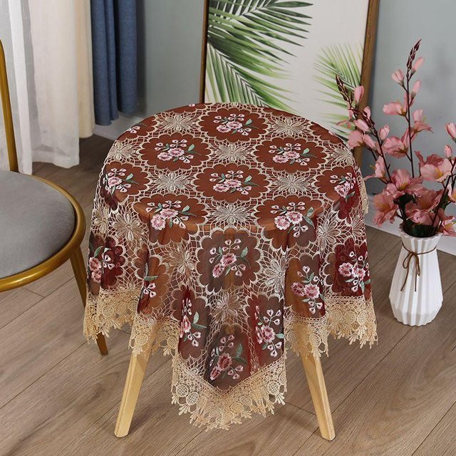 Runde Tischdecke von Super Six aus bestickter Spitze in Braun mit floralem Muster, Durchmesser: 60 cm - Bild 1