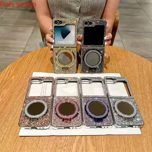 Glitzernde Handyhülle mit Make-up-Spiegel für Samsung Galaxy Z Flip 7, 6, 5, 4, 3 in Schwarz, stoßfeste Rückseite - Bild 1