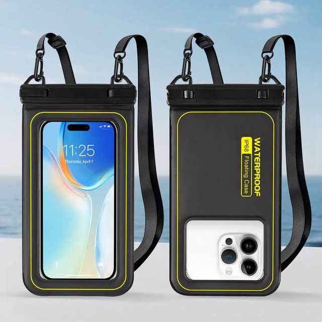 Haissky Wasserdichte und schwimmfähige Handytasche als Umhängetasche für iPhone 17, 16, 15, 14 Pro Max und 15 Plus in Schwarz - Bild 1