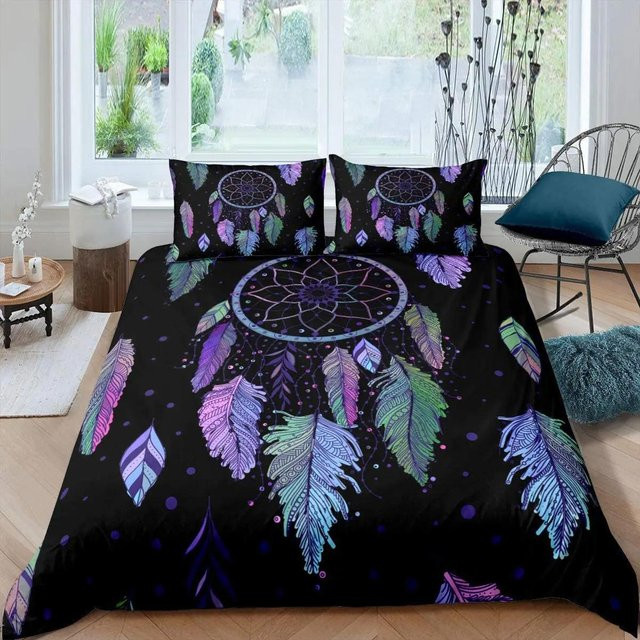 Binchi Fitness Bettwäsche-Set Traumfänger Galaxie in Schwarz und Multicolour, Boho Design mit Feder- und Tribal-Motiven, 3-teilig aus Polyester, B/H: 155 x 215 cm - Bild 1