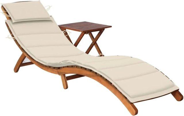 vidaXL Sonnenliege aus Akazienmassivholz mit Tisch und wetterfester Auflage in Cremeweiß - Bild 1