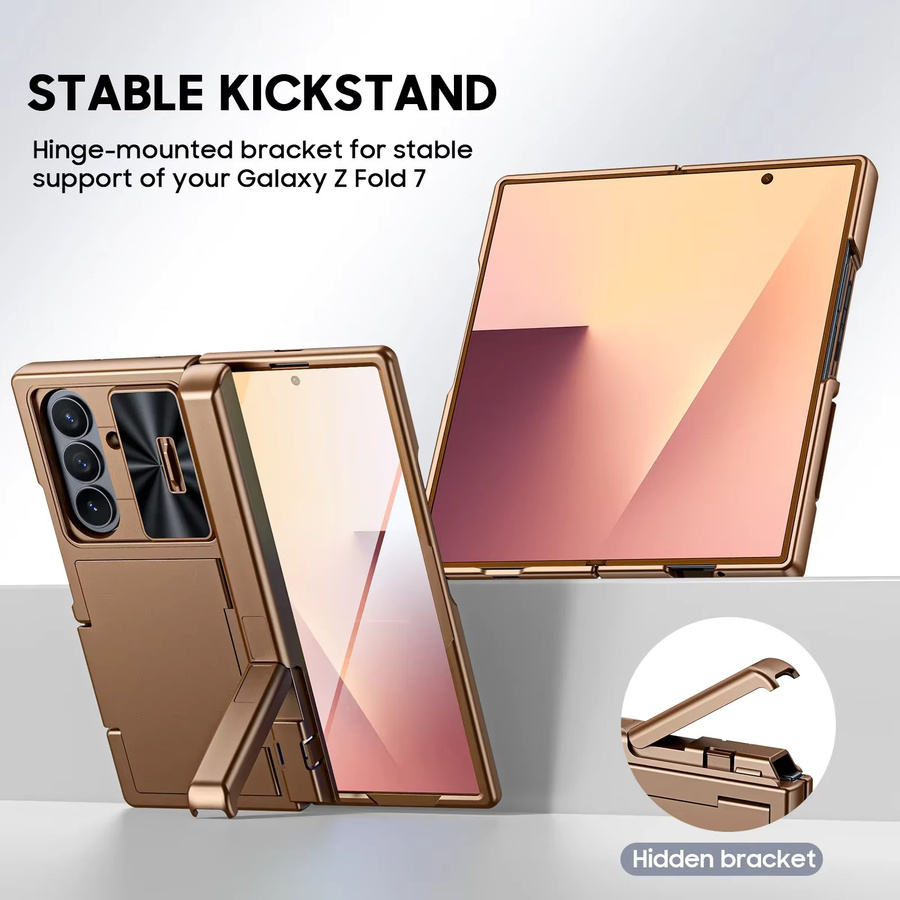 BANGZAO Handyhülle für Samsung Galaxy Z Fold 7 mit RFID-Kartenhalter, verstecktem Ständer und Kameraabdeckung, stoßfeste Silikon-Wallet-Hülle in Gold - Bild 5