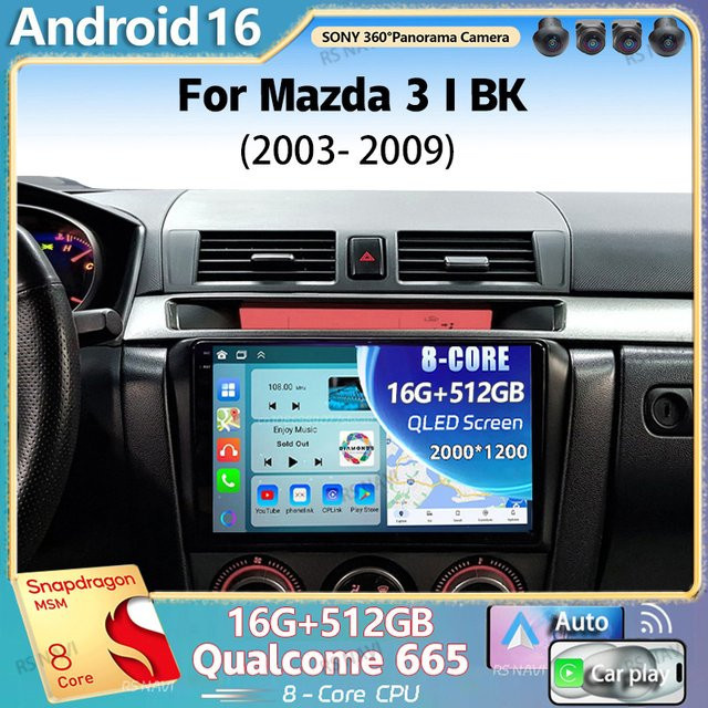 RSNAVI Android 16 Autoradio für Mazda 3 I BK (2003 - 2009) mit 2K QLED Display, GPS, CarPlay und 4G Multimedia-Videoplayer in Schwarz - Bild 1