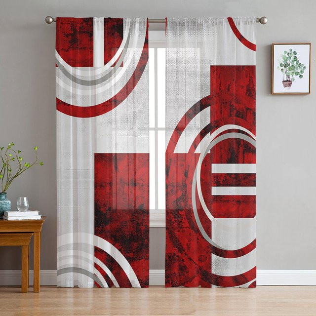 Transparente Tüll-Voile-Vorhänge mit abstraktem Retro-Geometrie-Marmor-Design in Rot und Weiß, Breite: 135 cm, Höhe: 115 cm - Bild 1