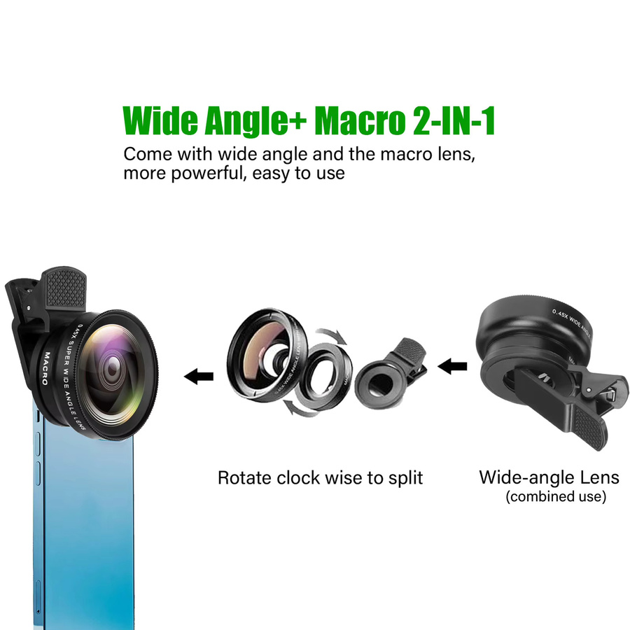 2 in 1 Kamera Objektiv Kit mit 0.45x Super Weitwinkel und 12.5x Makro HD Objektiv für iPhone, Samsung, Xiaomi und Android Smartphones in Schwarz - Bild 4