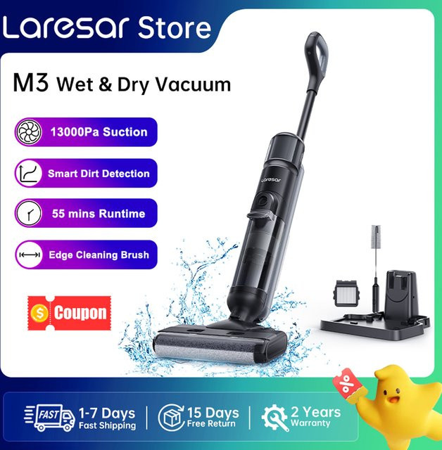 Laresar M3 Kabelloser Nass- und Trockensauger mit Wischfunktion, Randreinigungsdesign und Selbstreinigungsfunktion, Schwarz - Bild 1