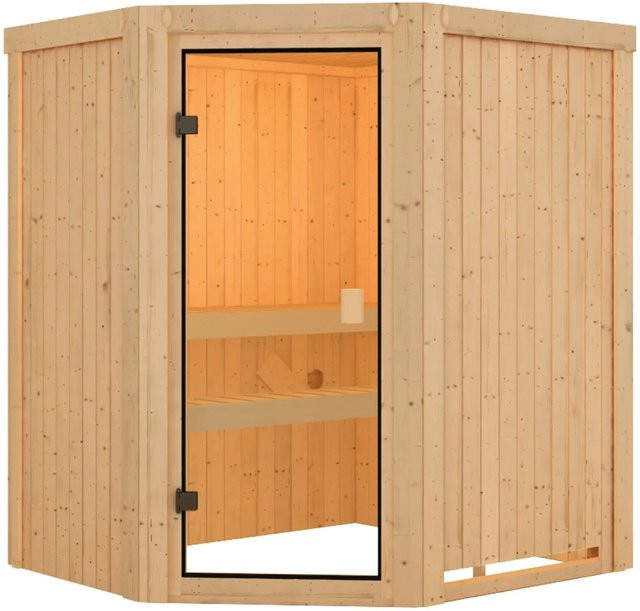Karibu Sauna Faurin mit Eckeinstieg und bronzierter Glastür aus Fichte und Espenholz in Braun, B/T/H: 198 x 170 x 151 cm - Bild 1