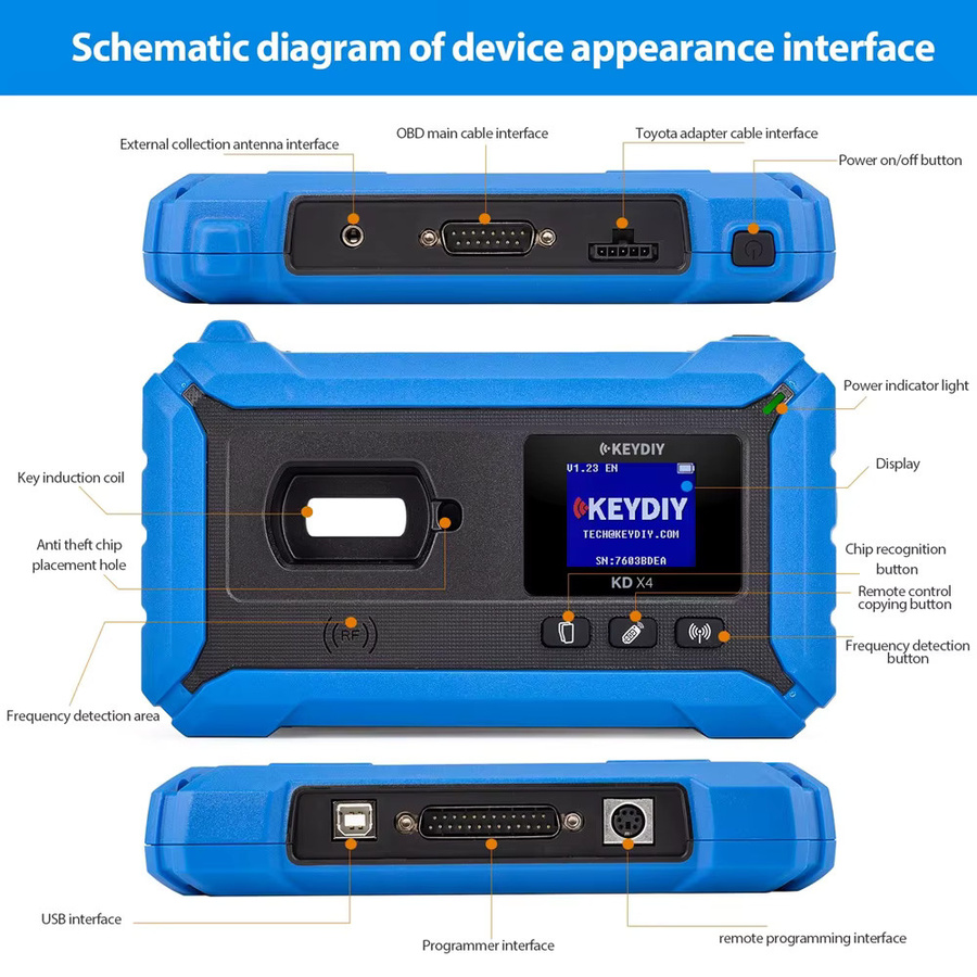 KEYDIY KD-X4 5-in-1 Schlüsselprogrammiergerät in Blau, kombiniert KD Max, KD Mate und KD Mini Prog, unterstützt MQB, MLB, BMW, BDC2 und BDC3 IMMO - Bild 3
