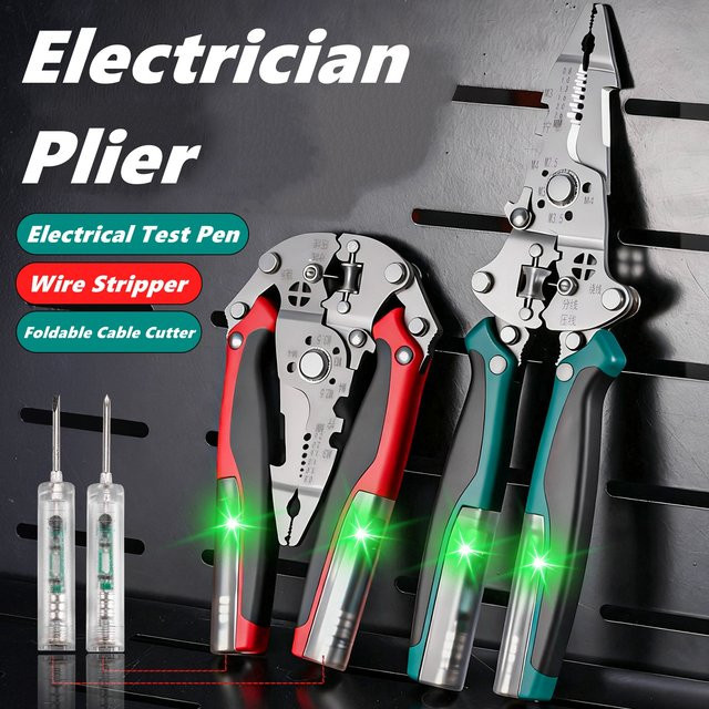 NIUXIANG Multifunktionaler Abisolierer mit elektrischem Teststift, faltbarer Kabelschneider und Crimpwerkzeug in Rot und Multicolour - Bild 1