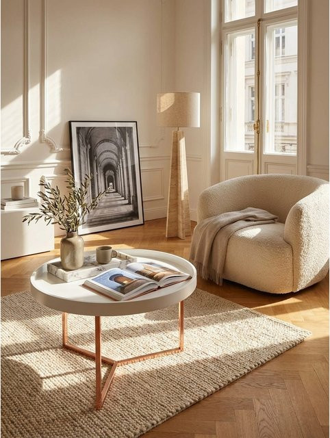 Runder Couchtisch von KADIMA DESIGN im Retro-Design mit Holzplatte und Metallgestell, Weiß, B/T/H: 58,5 x 58,5 x 42 cm - Bild 1