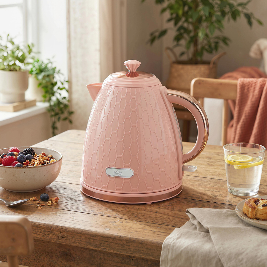 HOMCOM Elektrischer Wasserkocher mit Schnellkochfunktion, 1,7 l, 2,2 kW, kabellos mit 360° Drehbasis, Auto-Abschaltung und herausnehmbarem Anti-Kalk-Filter, BPA-frei, Hellrosa - Bild 2