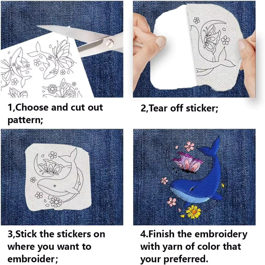 4 Blatt wasserlösliches Stickpapier mit Schmetterlings-Delfin-Blumen-Motiv als klebriger Stabilisator für Stickereien - Bild 3