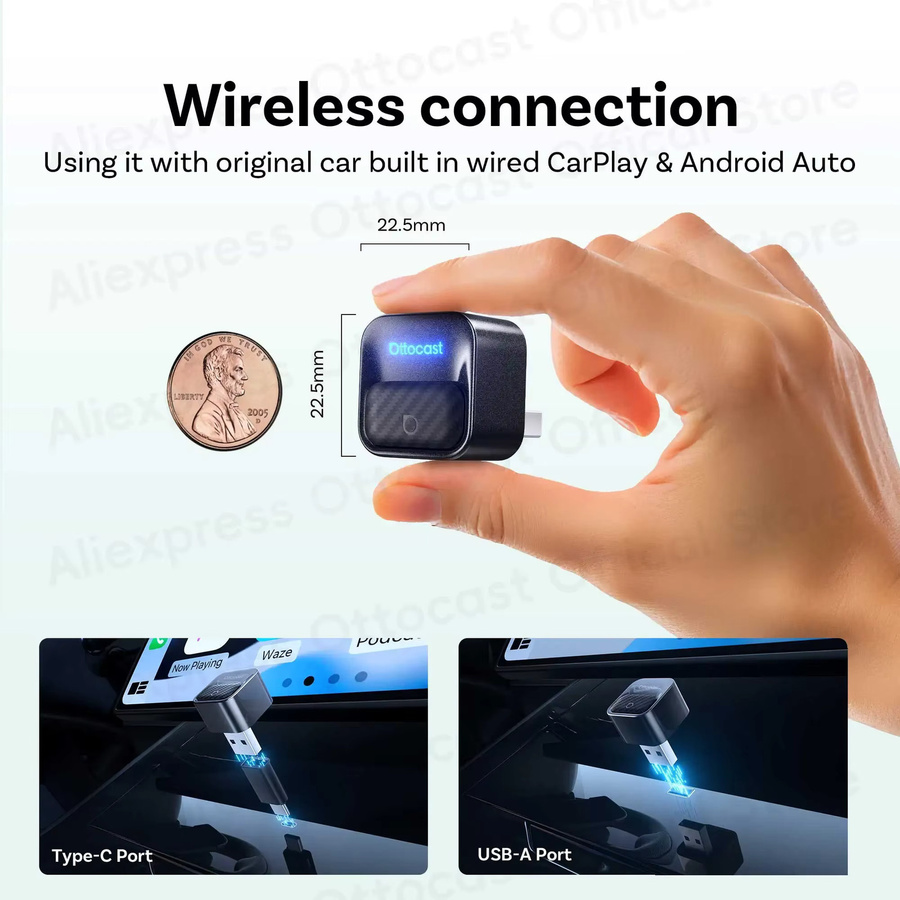 Ottocast Mini Core Wireless CarPlay und Android Auto Adapter 2 in 1 Dongle mit Smart Button in Schwarz für VW Toyota MG - Bild 5