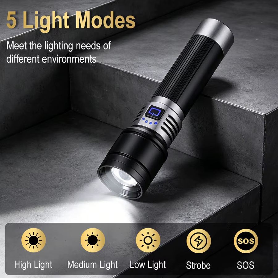 BORUiT Ultrahelle LED-Taschenlampe mit 1000LM, USB-aufladbar und Zoomfunktion, Schwarz aus Aluminiumlegierung für Outdoor, Camping und Wandern - Bild 4