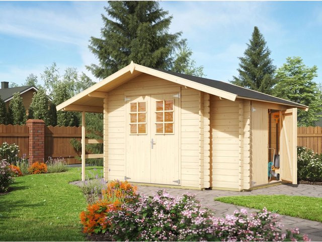 Lasita Gartenhaus Vilano Blockhaus mit Anbaudach und Anbauschrank in Natur, B/T/H: 380 x 289 x 228 cm - Bild 1