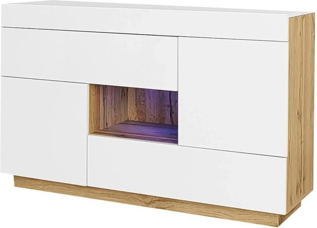 okwish Sideboard mit LED-Beleuchtung und Schubladen für das Wohnzimmer, Weiß, B/T/H: 120 x 37 x 76 cm - Bild 1