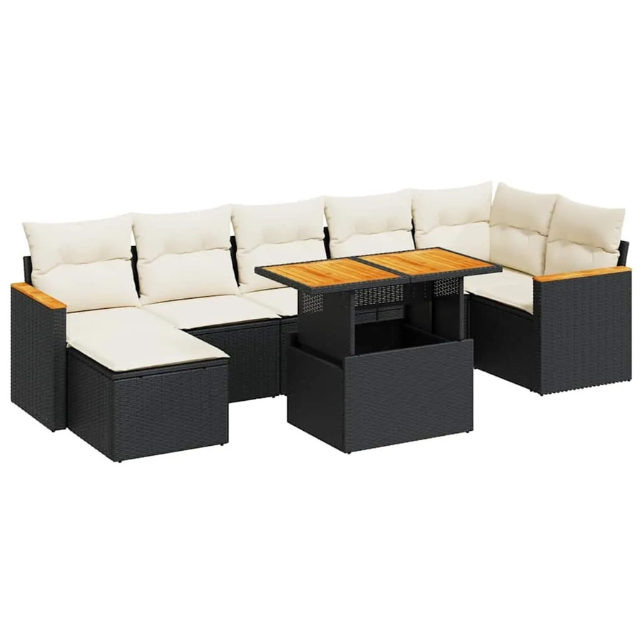 vidaXL 8-tlg. Garten-Sofagarnitur in L-Form aus Poly-Rattan und Akazienholz mit Kissen in Schwarz-Creme - Bild 2
