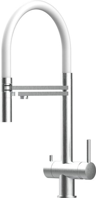 VIZIO Küchenarmatur aus Edelstahl mit 3-Wege-Niederdruck-Wasserhahn, 360° schwenkbarer Auslauf und abnehmbarer 2-Strahl-Handbrause, Farbe: Weiß/Silber, gebürstet - Bild 1