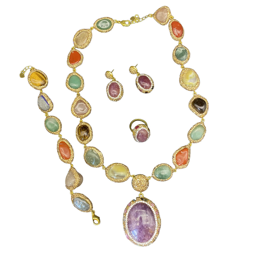 mutu Schmuckset, Amethyst, Tigerauge, Quarz, Strass-Perlen, Halskette, Ohrringe - Bild 4