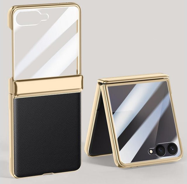 Samsung Galaxy Z Flip7 Schutzhülle aus Leder mit galvanisiertem Federgelenk und Hartglas-All-inclusive-Abdeckung in Schwarz - Bild 1