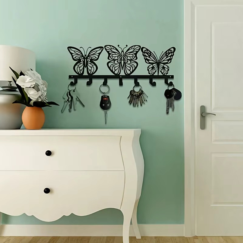 CIFBUY Schlüsselhalter Schmetterling aus Metall in Schwarz mit 7 Haken zur Wandmontage - Bild 2