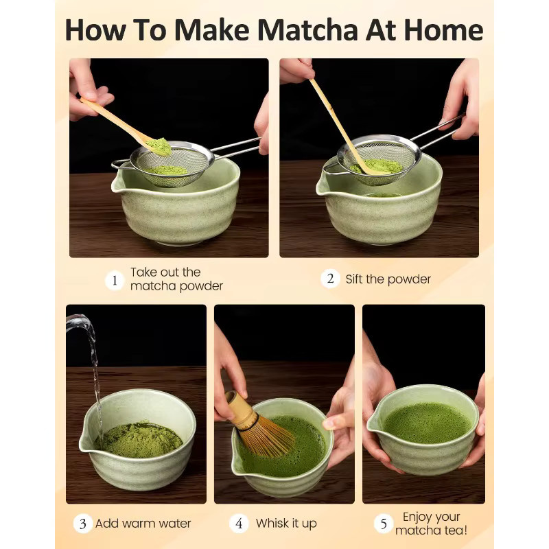 ThymeSpace Matcha-Schneebesen-Set aus Bambus und Metall in Braun mit Chasen, Schaufel und Stahlsieb für die traditionelle japanische Teezeremonie - Bild 2