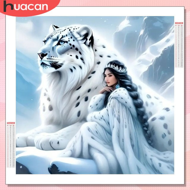 HUACAN 5D Diamantmalerei Frau mit Leopard Porträt als rundes Mosaik-Tierbild für dein Winter Home Decor DIY Geschenk - Bild 1