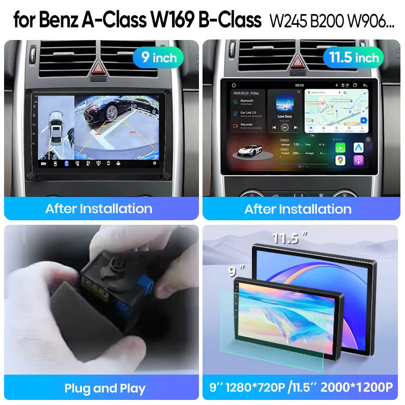 Junsun Android Auto Multimedia Autoradio mit Wireless CarPlay, GPS und Lenkradfernbedienung für Mercedes Benz W169 W245 B200 W906 Sprinter W639 Vito, Schwarz, 2 Din - Bild 4