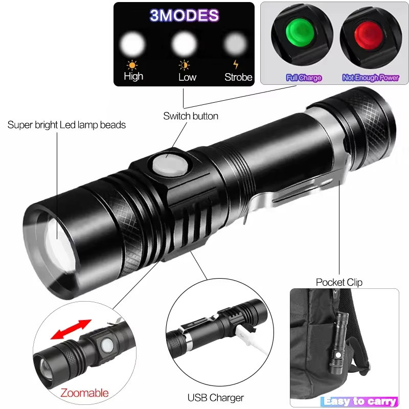 KDULIT LED-Taschenlampe mit USB-Ladefunktion, Schwarz, wiederaufladbar für 18650 Akkus - Bild 2
