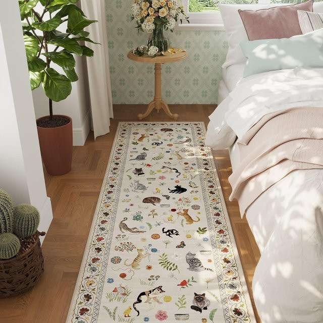 Lodestar Vintage Katzenläufer Teppich mit buntem Kätzchen- und Blumendruck, rutschfest und waschbar, B/T: 40 x 120 cm - Bild 1