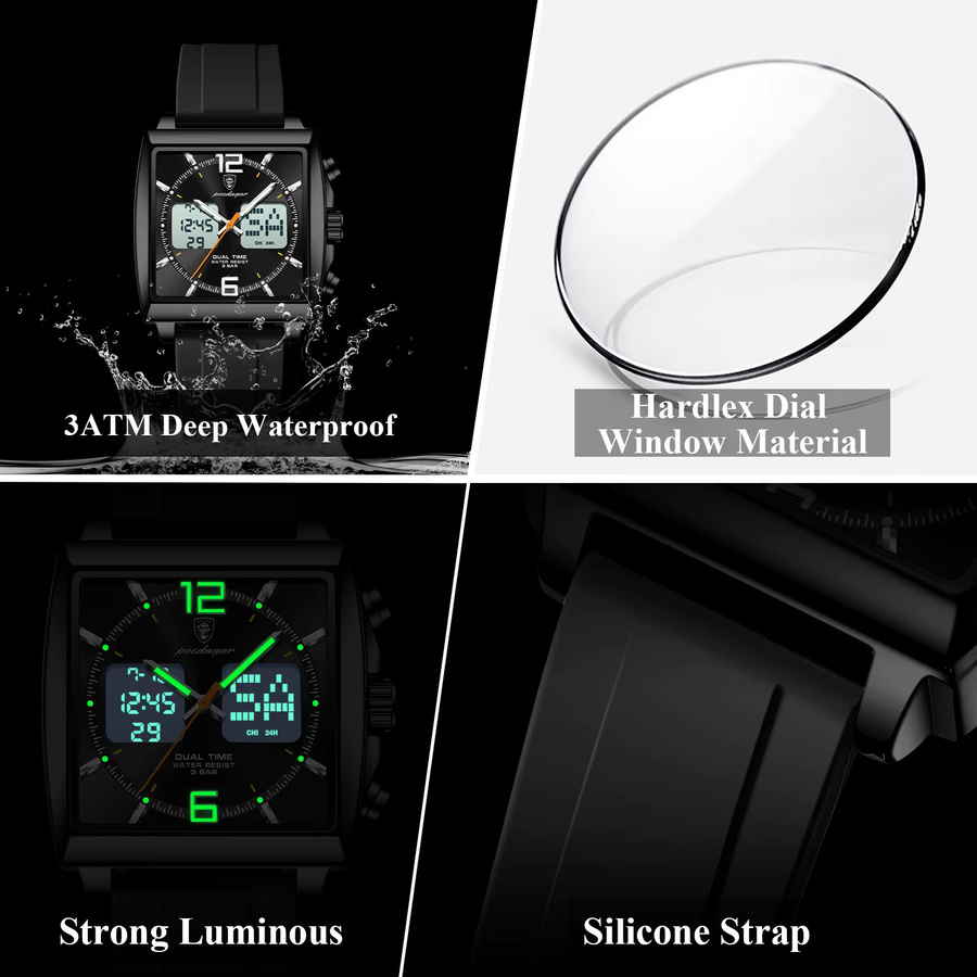 POEDAGAR Armbanduhr, Quarz, Digitaluhr, eckig, Schwarz, Herren - Bild 4