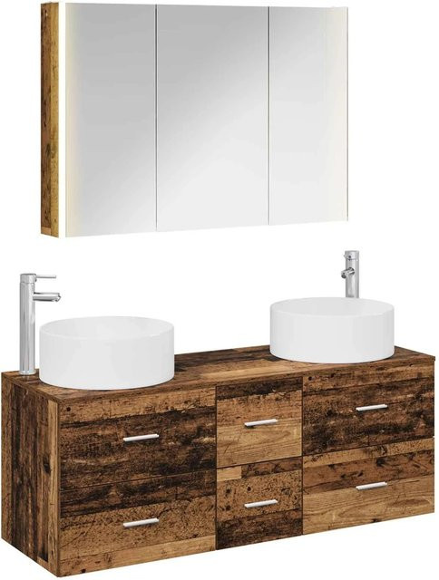 vidaXL Badezimmermöbel-Set 4-teilig aus Altholz und Glas in Braun mit LED-Spiegelschrank und Waschtischunterschrank - Bild 1