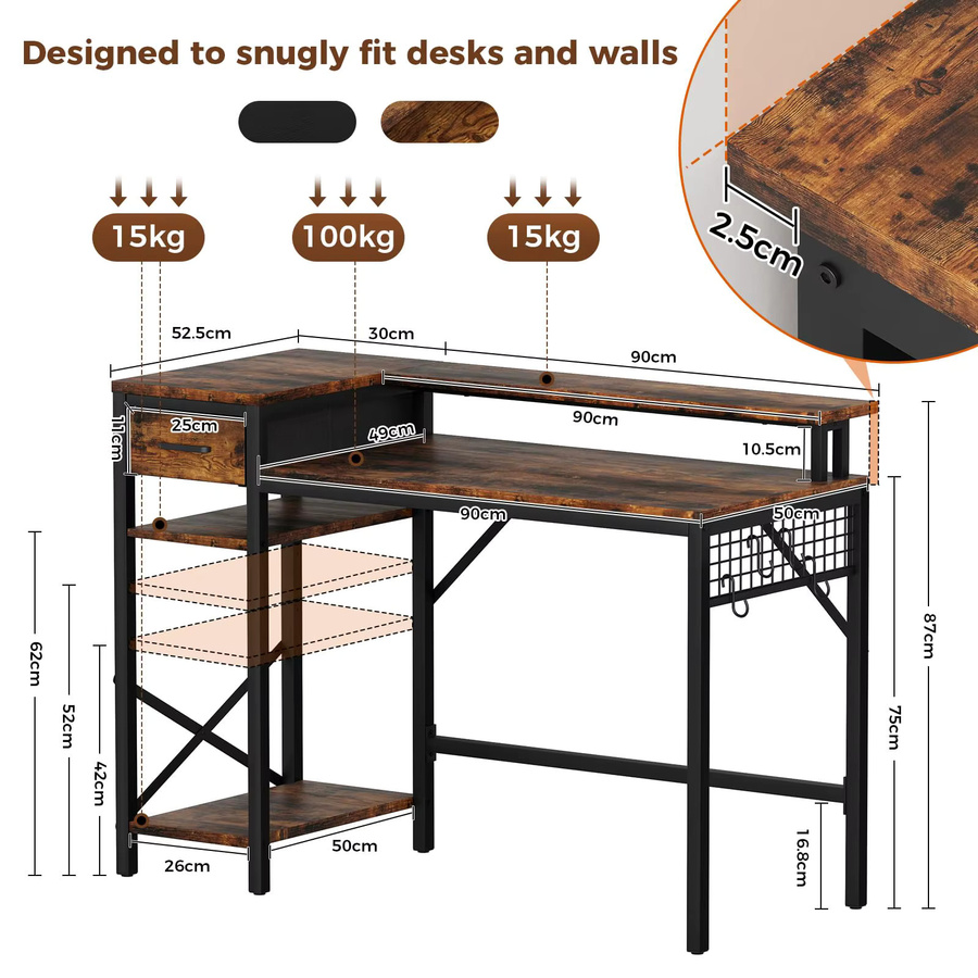 Oak & Tea Eck-Schreibtisch in L-Form im Industrial-Design, Farbe Braun/Schwarz, Breite: 120 cm - Bild 2