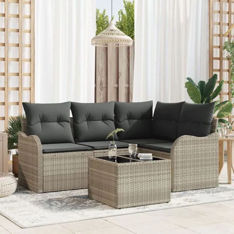 5-teiliges modernes Garten-Sofa-Set aus Poly-Rattan mit Kissen in Grau von vidaxl - Bild 1