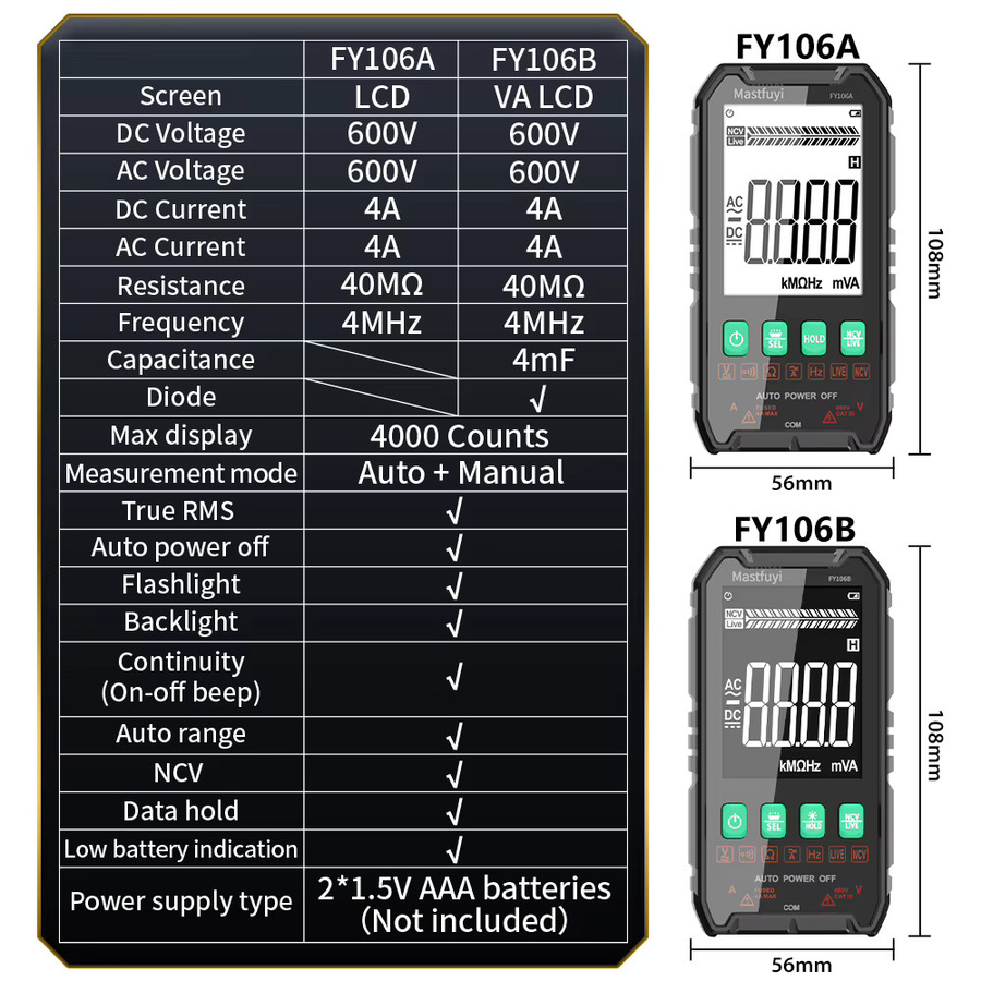 MASTFUYI Mini-Digitalmultimeter in Schwarz mit 4000 Zählungen, True RMS, intelligenter Messung, automatischer Bereichswahl und berührungsloser Spannungserkennung - Bild 5