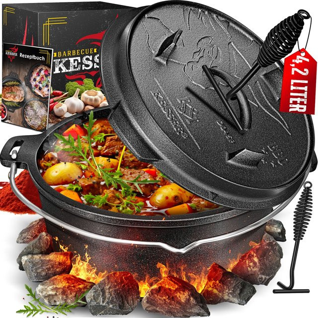 KESSER Dutch Oven Set BBQ Feuertopf aus Gusseisen mit Deckelheber und Schlitz für Thermometer für Outdoor und Indoor - Bild 1