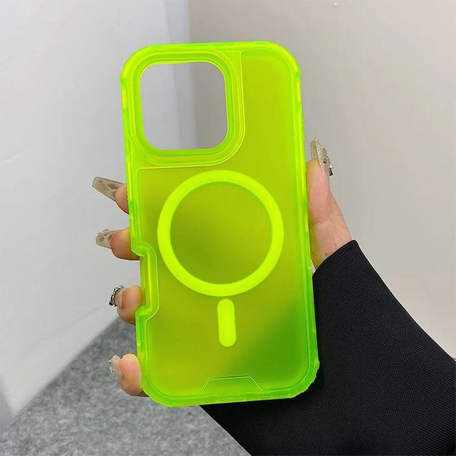 Stoßfeste MagSafe Handyhülle von Bai Fen Bai-Digital 3C für iPhone 11 bis iPhone 16 Pro Max, Mattierte Panzerabdeckung mit kabellosem Laden, Fluoreszierendes Grün/Transparent - Bild 1