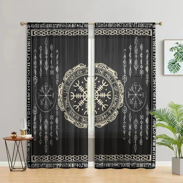 2er-Set halbverdunkelnde Vorhänge mit mysteriösem Runen-Totem-Design in Grau, Breite: 150 cm, Höhe: 166 cm - Bild 1