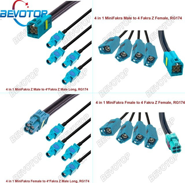 BEVOTOP RSBG Typ 4-in-1 MINI FAKRA auf 4 FAKRA Stecker/Buchse RG174 Koaxialkabel 50 Ohm in Blau - Bild 1