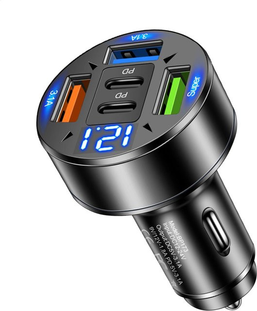 Schnelles Autoladegerät mit 3 USB-Anschlüssen inklusive USB-C und PD für superschnelles Aufladen, Schwarz - Bild 1